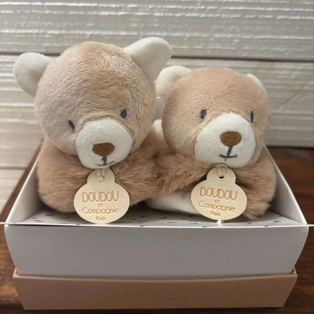DOUDOU Compagnie Paris Baby Brown Bear Booties Plush Rattle Slippers Shoes 0-6M